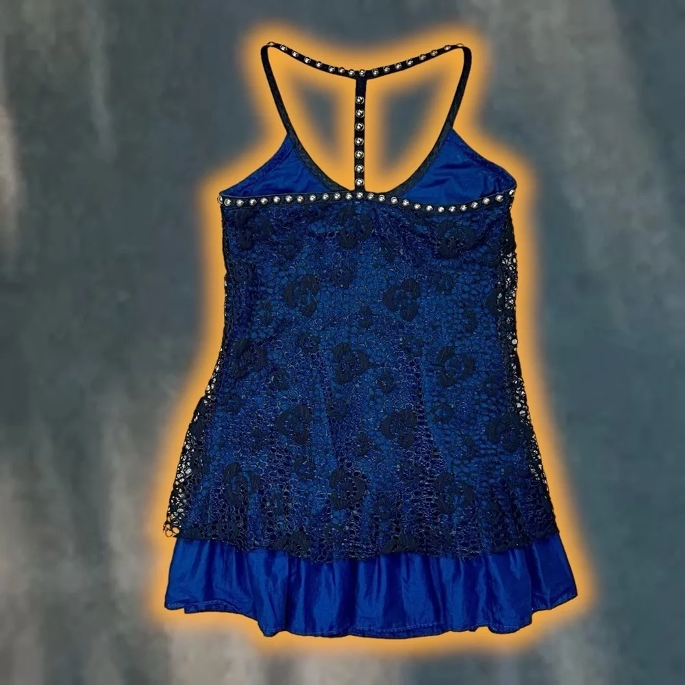 Free People Blue & Black Studded Racerback Lace Overlay Mini Dress Size 2